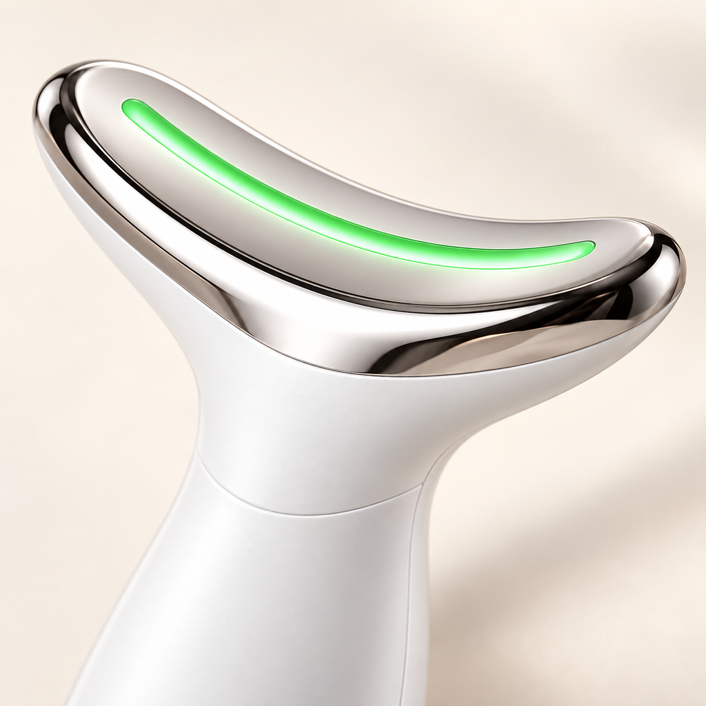 Détail de la tête chromée et de la lumière verte de l’appareil