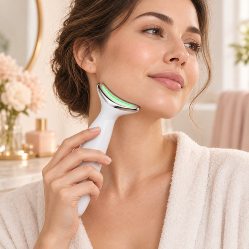 Appareil de massage visage et cou utilisé dans une routine self-care