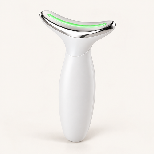 Appareil de massage visage et cou blanc avec tête chromée et lumière verte