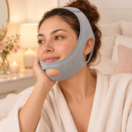 Bande grise visage et menton portée dans un moment self-care