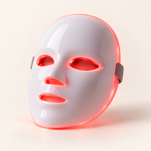 Masque LED visage blanc avec lumière rouge sur fond ivoire
